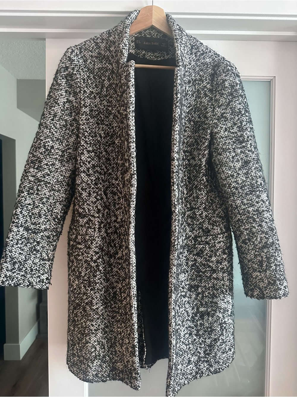 Zara Black and White Wool Blend Bouclé Open-Front Coat